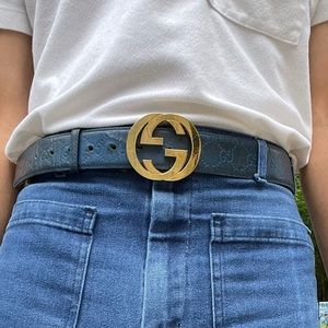 Mens Blue Gucci Belt with Gold Buckle